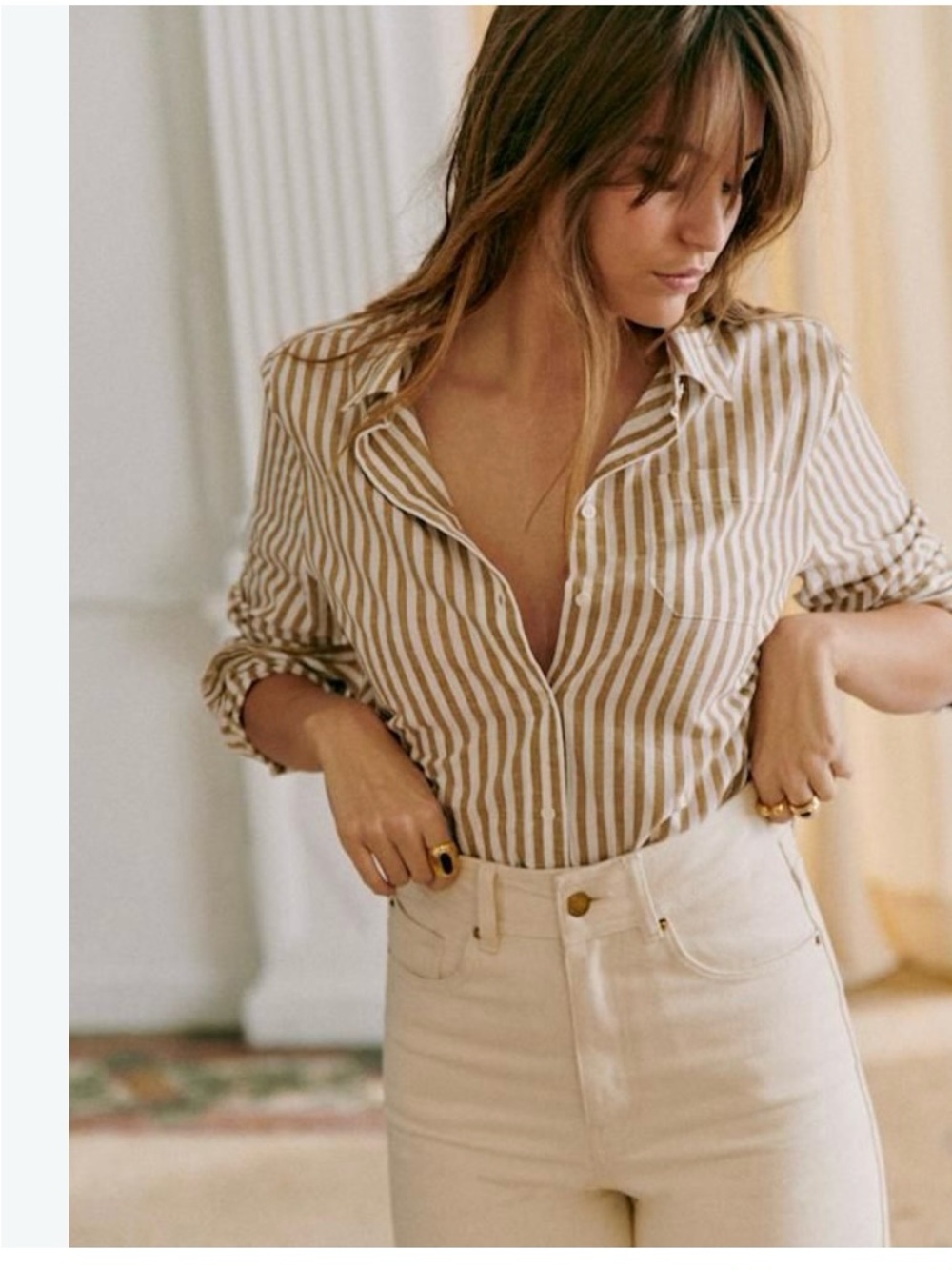 Sezane Striped Ecru and Camel Button-Down Shirt